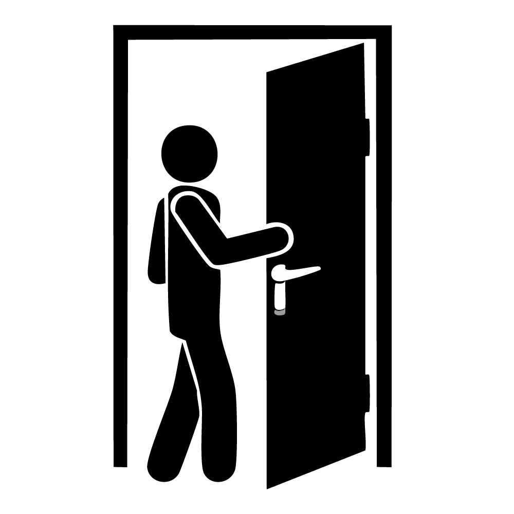 Silhouette illustration of a man opening a door. A high-quality pictogram representing an entrance or entry.