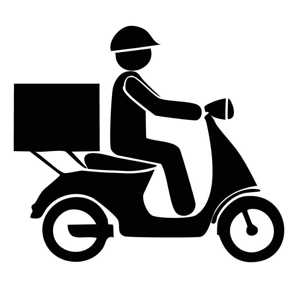 配達ボックスを積んだスクーターに乗る男性配達員のピクトグラム。デリバリーや宅配を表す無料イラスト。
