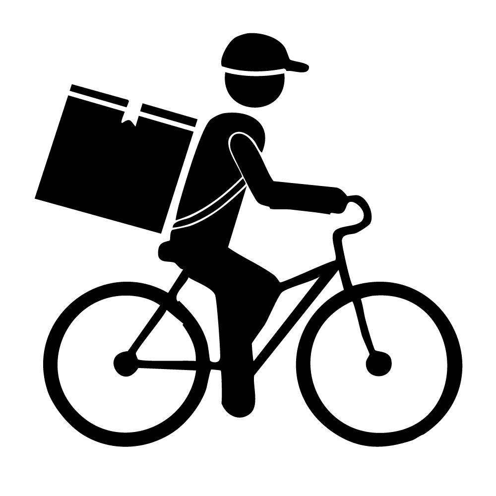 配達ボックスを背負い自転車に乗る男性配達員のピクトグラム。エコな配達や短距離配送を表す無料イラスト。