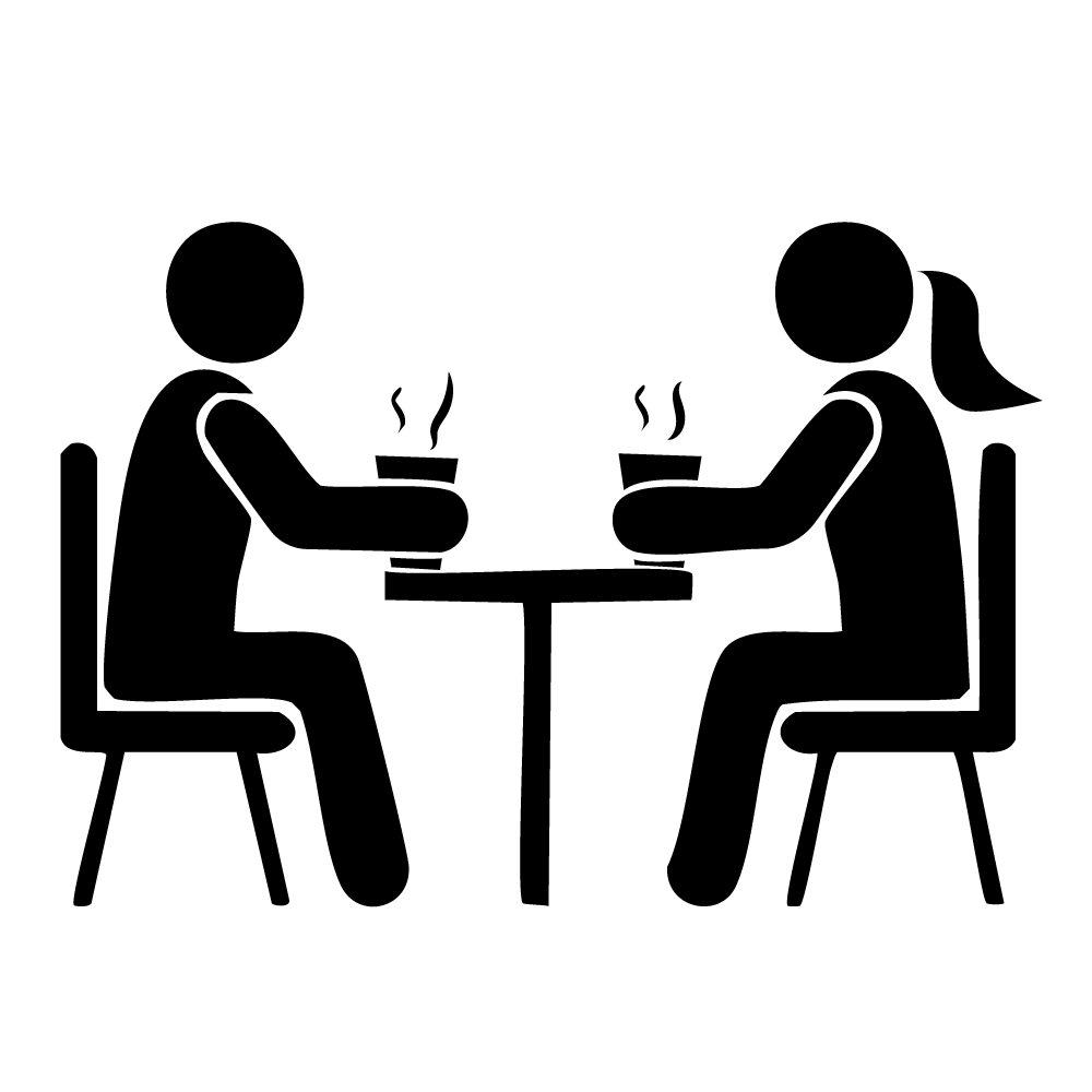 カフェで向かい合って座る男女のピクトグラム、会話するカップルの無料イラスト