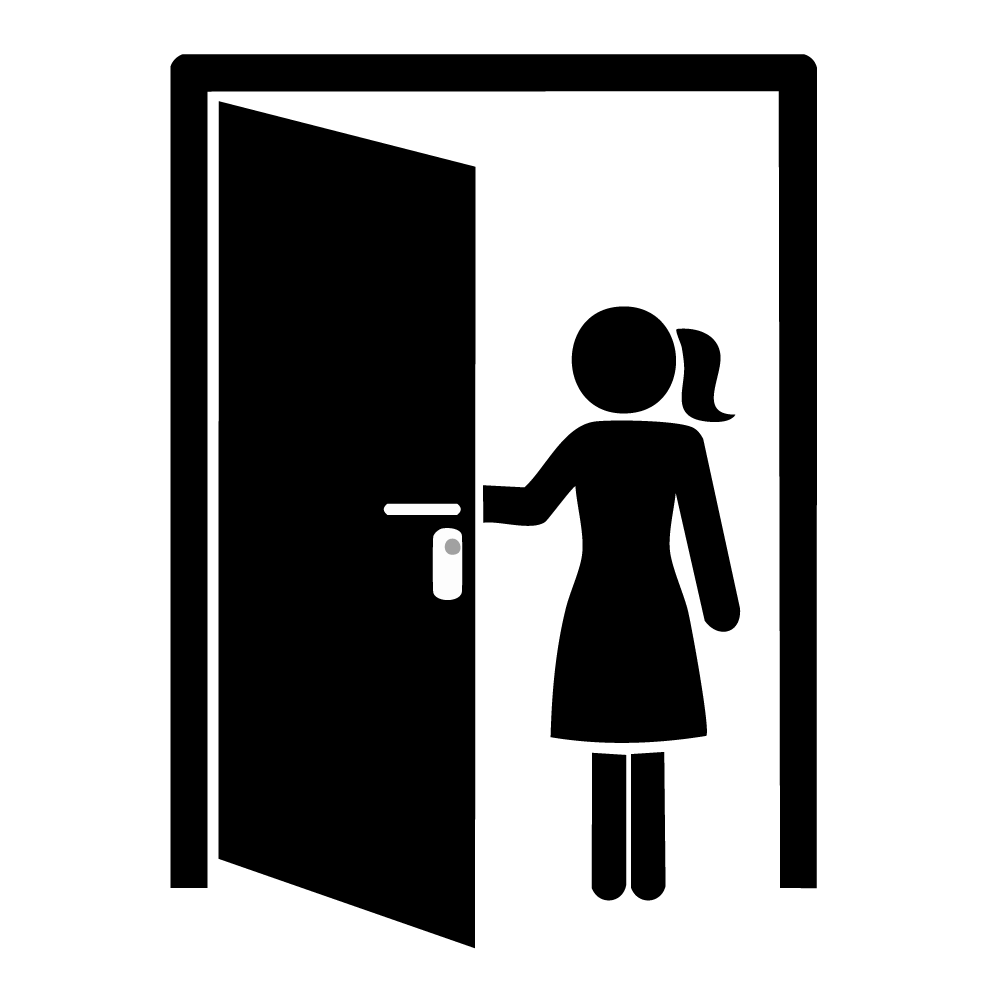 ドアを開ける女性のシンプルなシルエットイラスト。入口や入室を表す高品質なピクトグラム。