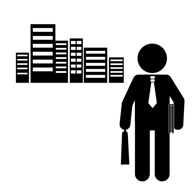 中小企業診断士｜ビジネス街｜スーツ姿｜高層ビル - シンプル / クリップアート / アイコン / イラスト / 無料 / 白黒 / 二色 / PNG形式：背景透明