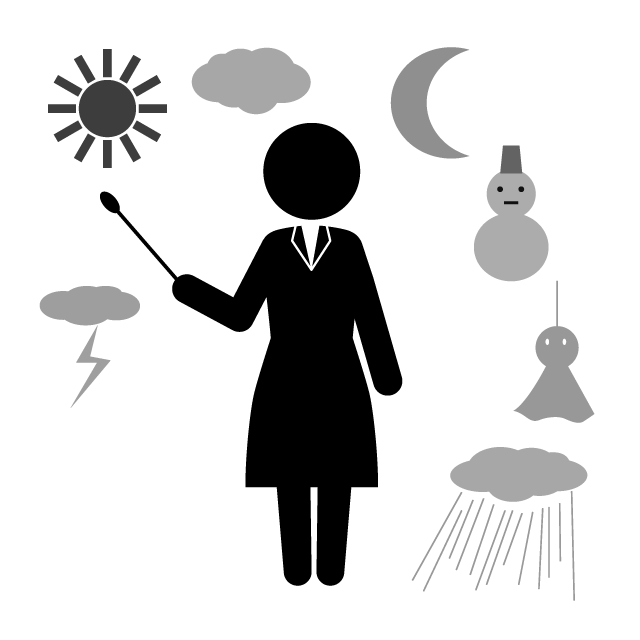 気象予報士｜おねえさん｜晴れ/太陽｜雪/雨 - シンプル / クリップアート / アイコン / イラスト / 無料 / 白黒 / 二色 / PNG形式：背景透明