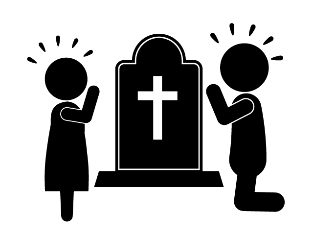 悲しむ子供 | 墓の前 | 人が亡くなる - シンプル / クリップアート / アイコン / イラスト / 無料 / 白黒 / 二色 / PNG形式：背景透明