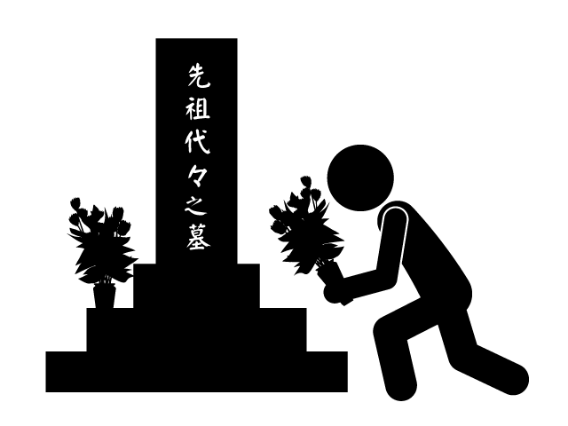 墓参り | 花を持っていく | 墓を掃除する - シンプル / クリップアート / アイコン / イラスト / 無料 / 白黒 / 二色 / PNG形式：背景透明