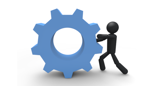 歯車を押す - シンプル人物イラスト/人クリップアート/アイコン/黒色/ピクトグラム