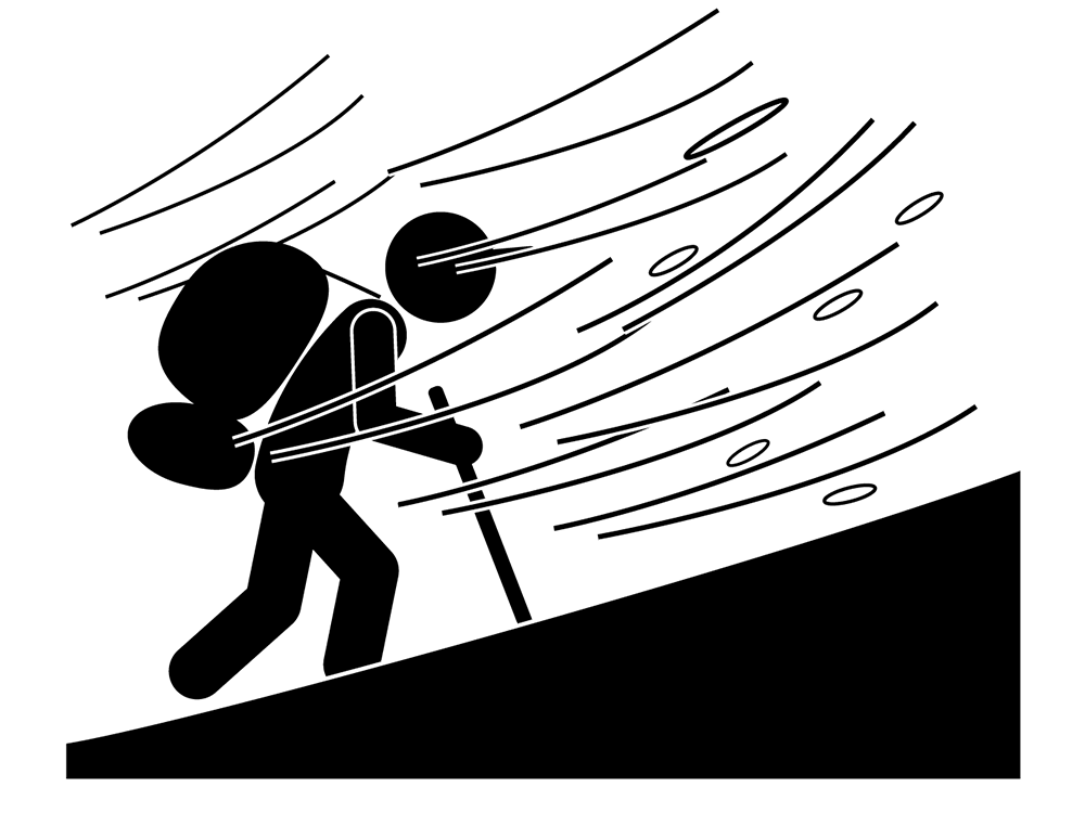 嵐の中 雪山 遭難 無料ピクトグラム 白黒イラスト