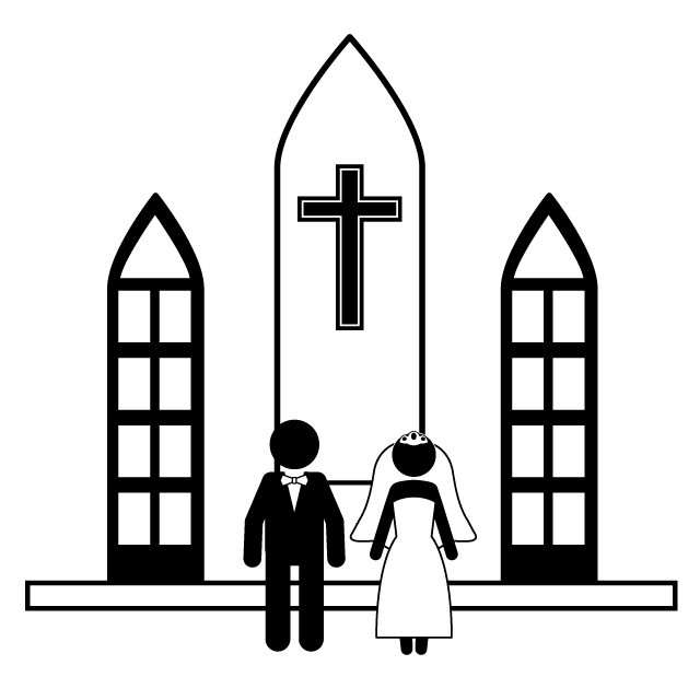 チャペルウエディング｜キリスト教式｜挙式｜マリッジ - シンプル / クリップアート / アイコン / イラスト / 無料 / 白黒 / 二色 / PNG形式：背景透明