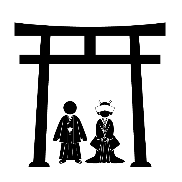 神社結婚式｜鳥居｜夫婦｜カップル - シンプル / クリップアート / アイコン / イラスト / 無料 / 白黒 / 二色 / PNG形式：背景透明