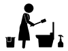 Woman cleaning the toilet | Dirty toilet bowl | Poop sticks-free pictogram | Black and white illustration