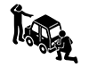 Pictogram of a mechanic repairing a broken car and a confused driver pointing with their hand