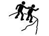 Pictogram of one person pulling up and rescuing another who is about to fall from the edge of a cliff