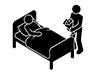 Pictogram of a person visiting a sick person lying in bed with a bouquet of flowers