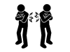 Pictogram of two people standing back-to-back with arms crossed, symbolizing conflict with a cracked lightning bolt symbol between them