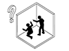 Pictogram of a person sitting down being intimidated/interrogated by another person pointing a finger inside a closed room (cube)