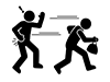 Pictogram of a criminal snatching a bag and running away, and a victim surprised by the theft