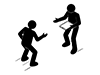 Pictogram of two people trying to transfer information by holding a tablet (device)