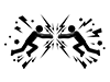 Pictogram of two people rushing towards each other and clashing intensely in the center with lightning bolts