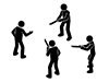 Pictogram of group assault where multiple people intimidate/attack one person with a weapon-like object