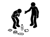 Pictogram of a person offering a hand to another who is clutching their chest upon seeing scattered garbage on the ground