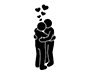 Pictogram of two people gently embracing with heart marks