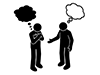 Pictogram of two people facing each other, exchanging different thoughts (black and white bubbles) and engaging in dialogue