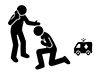 Pictogram of a person calling an ambulance on a cell phone while staying close to a person in distress