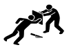 Pictogram of a person covering a fallen person with a shield-like object, defending against violence with a weapon