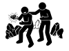 Pictogram of a person discovering a shining diamond (treasure) in a rocky area and raising it with joy