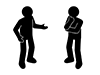Pictogram of one person speaking and another person crossing their arms and resting their chin on their hand, pondering