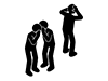 Pictogram of two people whispering gossip and one person holding their head in shock after hearing it
