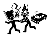 Pictogram of riot/vandalism with burning flames, lightning, and a destroyed car, and a torn flag