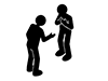 Pictogram of a person holding their chest in pain or poor health and another person reaching out a hand in concern