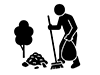 Pictogram of a person sweeping up garbage on the ground with a broom and holding a garbage bag (near a tree)