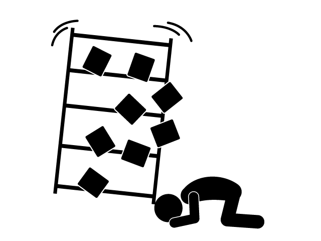 本棚が崩れる | 地震 | 倒れる - シンプル / クリップアート / アイコン / イラスト / 無料 / 白黒 / 二色 / PNG形式：背景透明