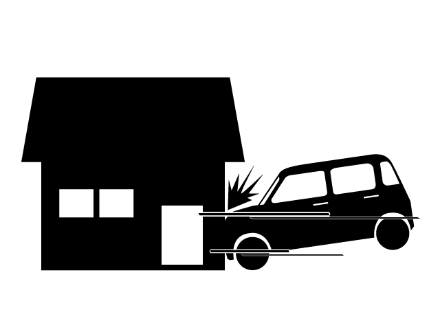 車が民家に突っ込む | 居眠り運転 | 不注意 | 事故 - シンプル / クリップアート / アイコン / イラスト / 無料 / 白黒 / 二色 / PNG形式：背景透明