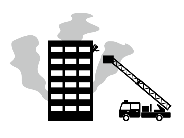 ビル火災 | 消防車 | 救助 - シンプル / クリップアート / アイコン / イラスト / 無料 / 白黒 / 二色 / PNG形式：背景透明