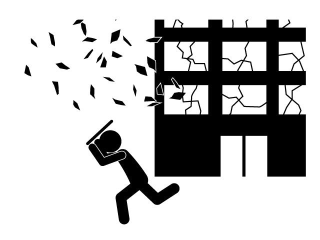 地震 | ビル | ガラス割れる | 避難 - シンプル / クリップアート / アイコン / イラスト / 無料 / 白黒 / 二色 / PNG形式：背景透明