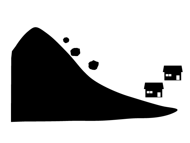 落石 | 山 | 災害 | 住宅地 - シンプル / クリップアート / アイコン / イラスト / 無料 / 白黒 / 二色 / PNG形式：背景透明