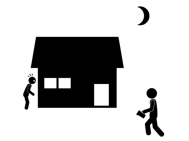 深夜の見回り | 不審人物 | 家を覗いている - シンプル / クリップアート / アイコン / イラスト / 無料 / 白黒 / 二色 / PNG形式：背景透明