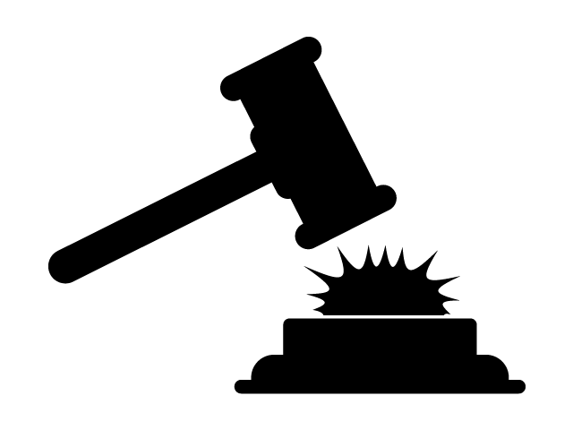 判決が下る | 裁判 | ハンマー - シンプル / クリップアート / アイコン / イラスト / 無料 / 白黒 / 二色 / PNG形式：背景透明