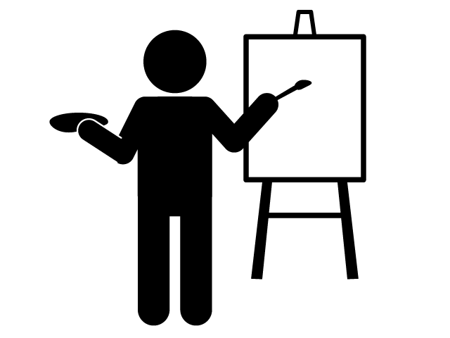 美術授業 | 風景画 | 筆 | 絵の具 - シンプル / クリップアート / アイコン / イラスト / 無料 / 白黒 / 二色 / PNG形式：背景透明