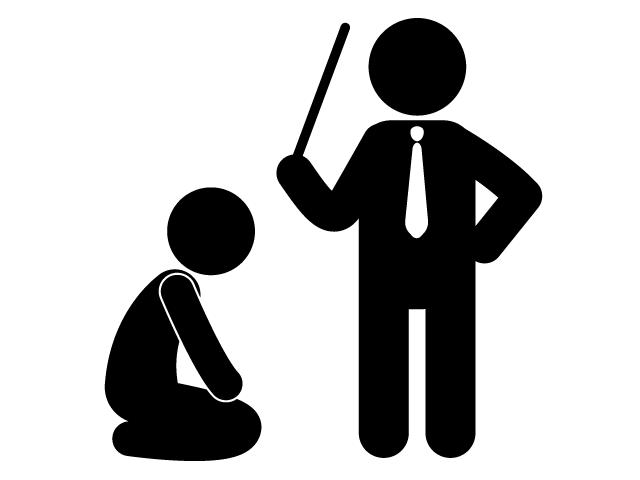 先生に叱られる | 正座 | いたずらがバレる - シンプル / クリップアート / アイコン / イラスト / 無料 / 白黒 / 二色 / PNG形式：背景透明