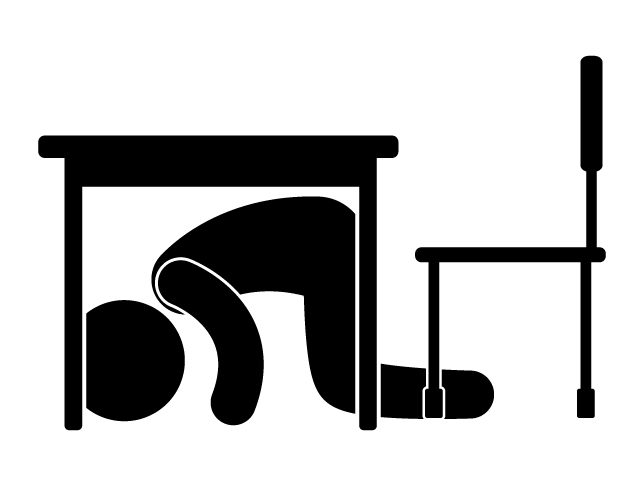 机の下に隠れる | 避難訓練 | 地震 - シンプル / クリップアート / アイコン / イラスト / 無料 / 白黒 / 二色 / PNG形式：背景透明