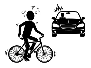 飲酒して酔っ払った状態でふらつきながら自転車を運転し、車にひかれそうになっているイラスト