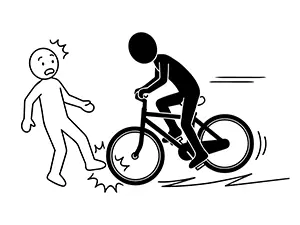 スピードを出した自転車が歩行者に激突している人身事故の瞬間のシルエットイラスト