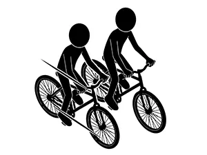 二台の自転車が道路を並んで走り、道をふさいでいる並進違反のシルエットイラスト