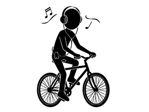 ヘッドホンで音楽を聴きながら自転車に乗っているイヤホン運転（ながら運転）のシルエットイラスト