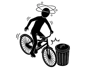 目が回ってふらふらと自転車を運転し、ゴミ箱にぶつかりそうになっている自損事故のイラスト