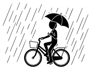 雨の日に傘をさして自転車を運転している片手運転のシルエットイラスト